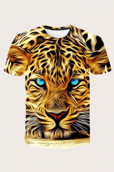 Leisure 3D Top Tee Painted Animal Tiger Head Pattern Regular Fit Short-sleeved Crew Neck T-Shirt for Men
