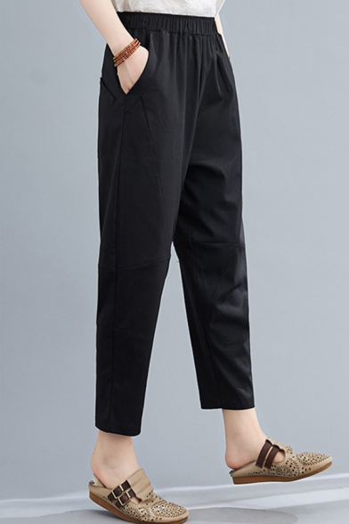 Leisure Ladies Linen and Cotton Plain Elastic Waist Ankle Length Tapered Fit Pants