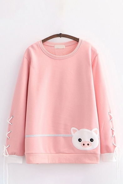 Leisure Pig Embroidered Lace-up Long Sleeve Crew Neck Sherpa Liner Relaxed Pullover Sweatshirt