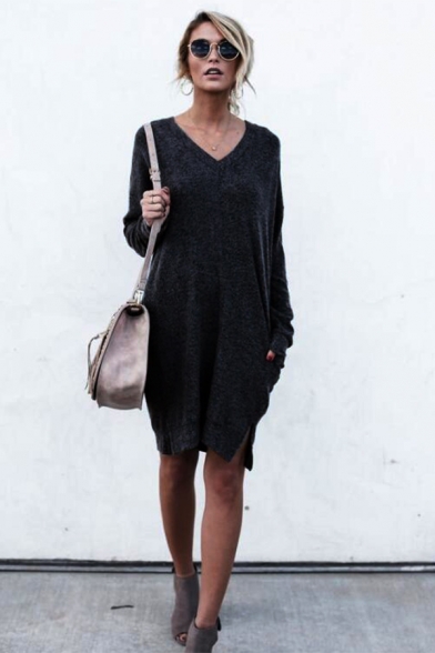 Leisure V-Neck Long Sleeves Split-Side Hem Fur Fluffy Pullover Mini Sweater Dress