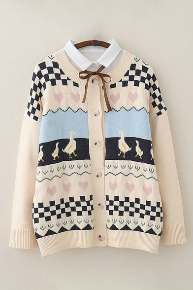 Leisure Womens Duck Heart Chevron Checker Printed Contrasted Long Sleeve Button-up Knit Relaxed Cardigan