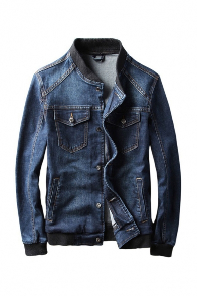 Men's Chic Jacket Contrast Trim Long Sleeve Stand Collar Button Closure Pocket Regular Fitted Denim Jacket with Washing Effect