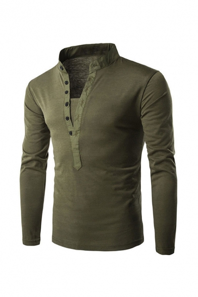 Mens Fashion Tee Top Solid Color Stand Collar Button Long Sleeves Slim Fitted Tee Top