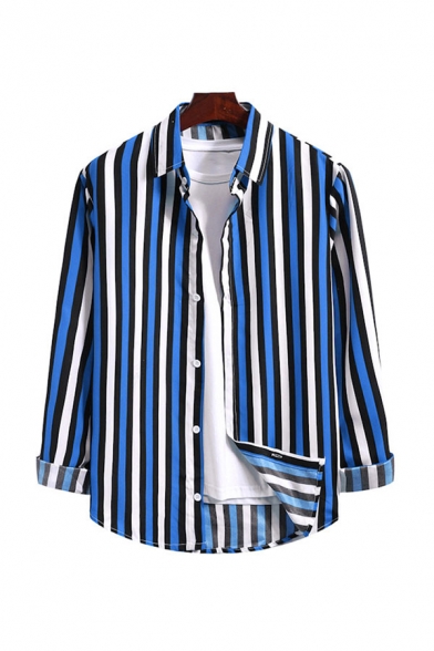 Mens Shirt Stylish Vertical Striped Pattern Button-down Curved Hem Long Sleeve Turn-down Collar Regular Fit Shirt