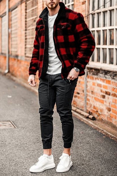 Mens Simple Red and Black Plaid Printed Long Sleeve Single Breasted Woven Loose Jacket Coat