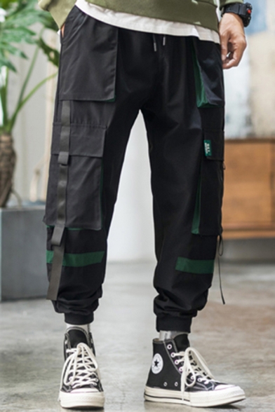 Mens Street Flap Pockets Straps Mid Rise Cuffed Tapered Fit Cargo Pants