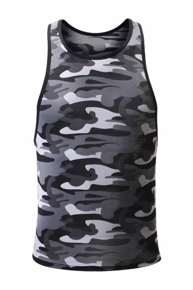 Mens Tank Top Chic Camouflage Breathable Mesh Slim Fitted Sleeveless Crew Neck Tank Top
