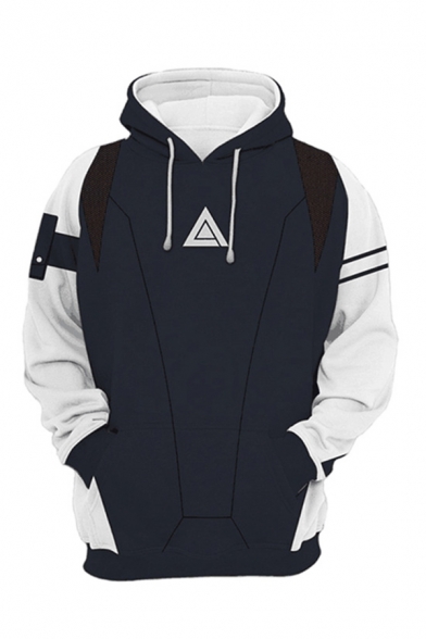 Mens Unique Hooded Sweatshirt Contrasted Cosplay 3D Triangle Pattern Zipper Fly Long Sleeve Slim Fit Hooded Sweatshirt