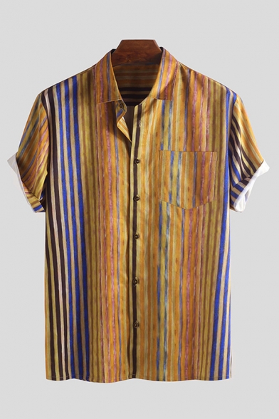 Modern Mens Shirt Colored Vertical Pinstripe Pattern Button up Short Sleeve Spread Collar Regular Fit Shirt with Pocket