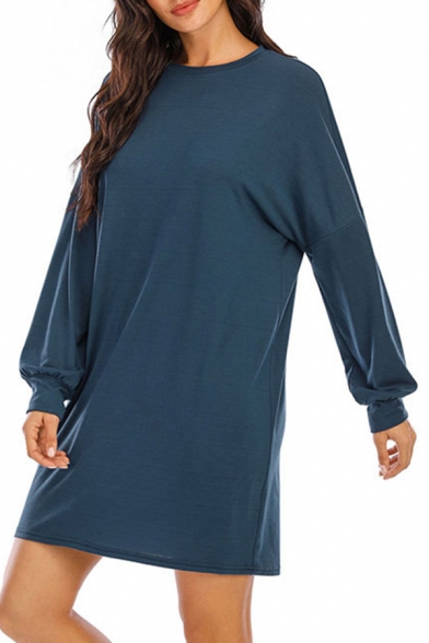 Novelty Solid Color Round Neck Long Sleeve Oversized Mini Sweatshirt Dress for Women