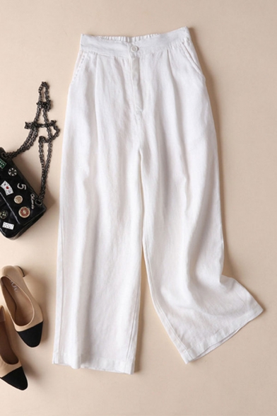 Novelty Womens Pants Plain Linen Partially Elastic Waist Ankle Length Loose Fitted Straight Relaxed Pants