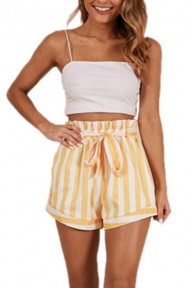 

Novelty Womens Shorts Striped Pattern Bow-Knot Paper-Bag Waist Wide Leg Loose Fitted Relaxed Shorts, Yellow, LM686449