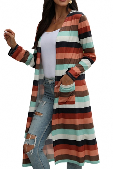 Popular Womens Colorful Stripe Printed Long Sleeve Open Front Long Relaxed Fit Cardigan