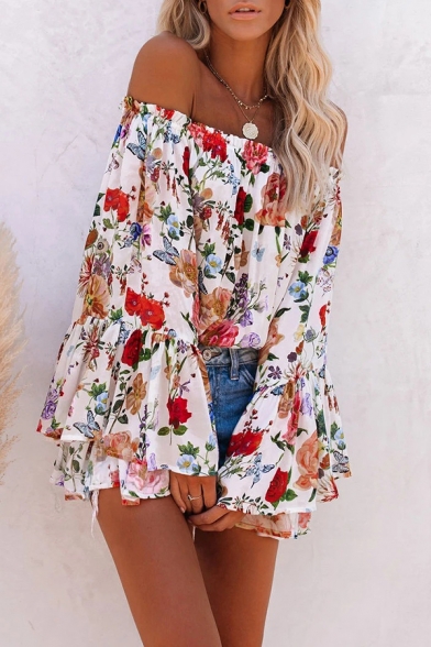 Pretty Womens All over Flower Printed Bell Long Sleeve Off the Shoulder Relaxed Fit T Shirt in White