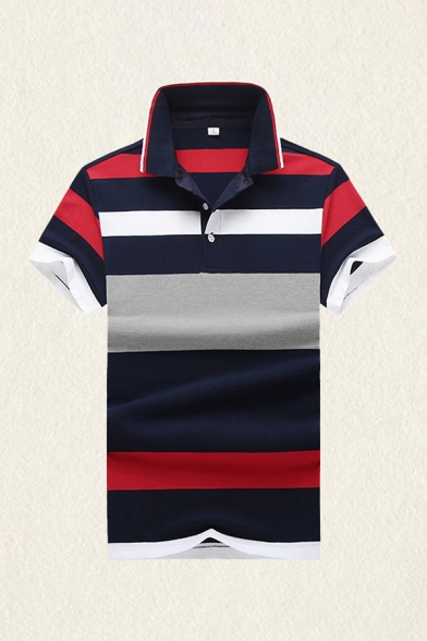 Simple Mens Polo Shirt Color Block Stripe Pattern Button Short Sleeve Spread Collar Fitted Polo Shirt