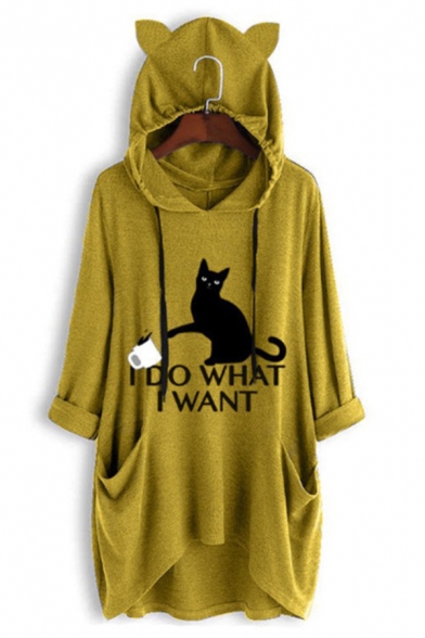 Stylish Half Sleeve Cartoon Cat Girl Printed Dip Hem Casual Loose Loneline Oversize Hooded T-Shirt