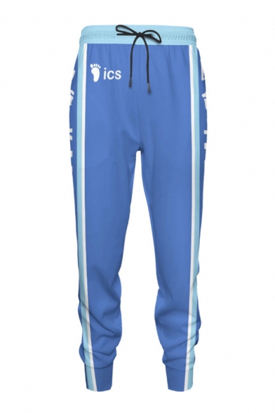 Stylish Letter Kamomedai Print Contrasted Drawstring Waist Ankle Length Cuffed Tapered Fit Sweatpants in Blue