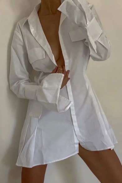 

Stylish Solid Color Long Sleeve Spread Collar Flap Pockets Short Pleated A-line Shirt Dress in White, LM668845