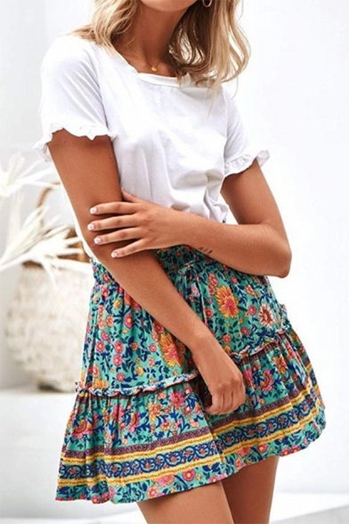 Summer Girls Popular Boho Style Elastic Waist Green Mini A-Line Beach Skirt