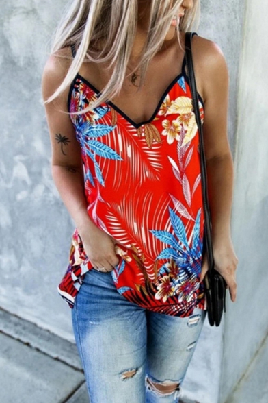 Trendy Floral Leaf Print Backless Contrast Trim V Neck Spaghetti Straps Sleeveless Oversized Cami Top for Women