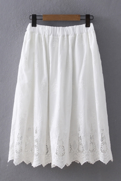 Trendy Womens Skirt Plain Floral Embroidery Lace Trim Pleated High Rise Elastic Midi A-Line Skirt in White