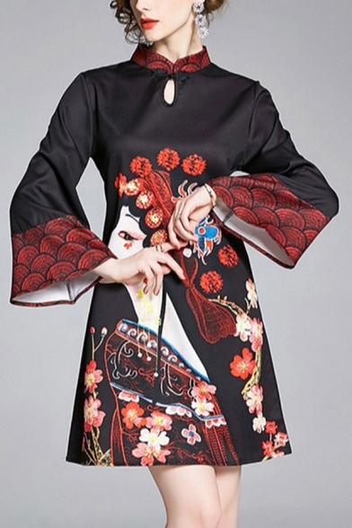 

Vintage Womens Chinese Style Figure Flower Print Keyhole Front Frog Button Mandarin Collar Bell Long Sleeve Mini Swing Cheongsam Dress in Black, LM685715