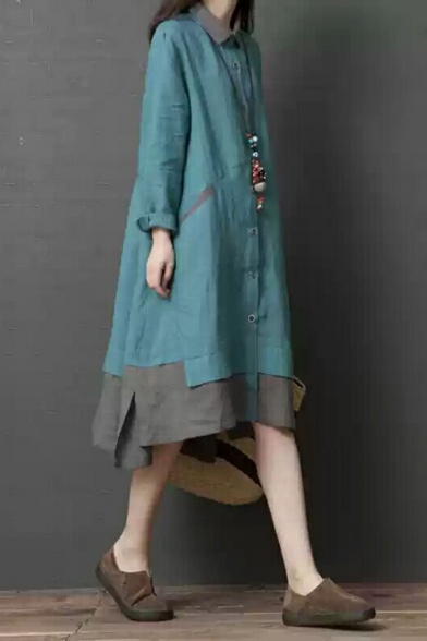 Vintage Womens Patchwork Long Sleeve Turn Down Collar Button Up Linen Slit Sides Mid Oversize Shirt Dress