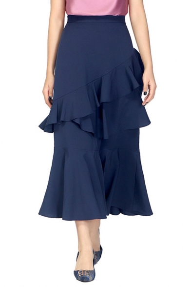 Women's Fancy Skirt Plain Elastic Waist High Waist Ruffle-trimmed Maxi Tiered Skirt