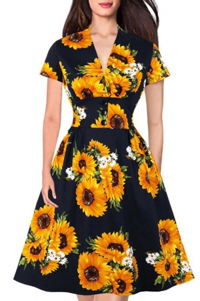 Women's Retro V-Neck Short Sleeve Fashion Sunflower Printed Button Down Midi A-Line Dress