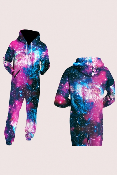 Womens Popular 3D Jumpsuit Galaxy Nebula Pattern Zipped Drawstring Long Sleeve Relax Fitted Ankle Length Hooded Jumpsuit with Pocket