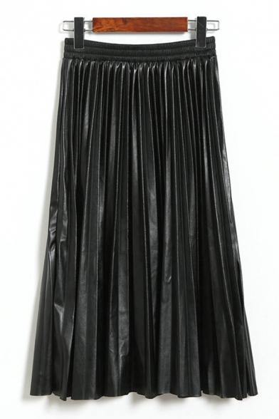 Womens Skirt Casual Plain PU Leather High Elastic Rise Midi A-Line Pleated Skirt