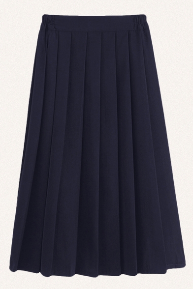 Womens Skirt Trendy Solid Color Partially Elastic Waist Invisible Zipper Maxi A-Line Pleated Skirt