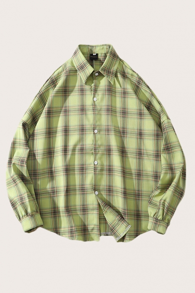Basic Mens Shirt Tartan Printed Curved Hem Button-down Long Sleeve Point Collar Loose Fit Shirt