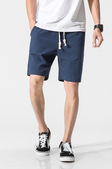 Basic Mens Solid Color Linen and Cotton Drawstring Waist Straight Shorts