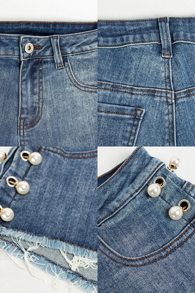 Blue Womens Shorts Fashionable Faded Wash Frayed Cuffs Pearl Rivet Decoration Zipper Fly Regular Fitted Denim Shorts