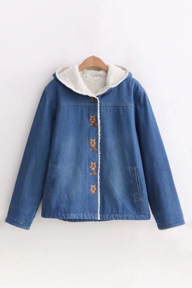 Cat Embroidered Sherpa Lined Long Sleeve Button Front Denim Coat