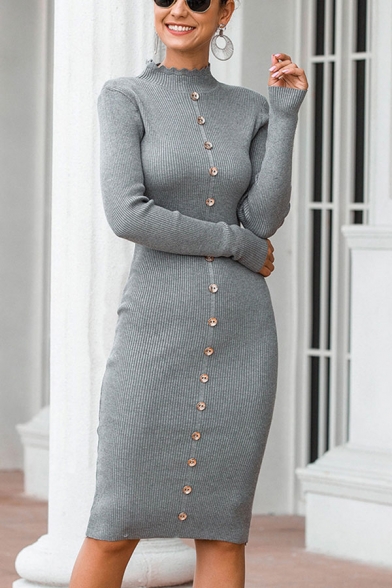 Chic Ladies Plain Long Sleeve Scalloped Mock Neck Button Up Knitted Midi Bodycon Sweater Dress in Gray