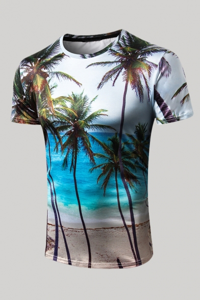 Chic Mens T-Shirt 3D Tree Beach Pattern Short Sleeve Round Neck Regular Fit T-Shirt