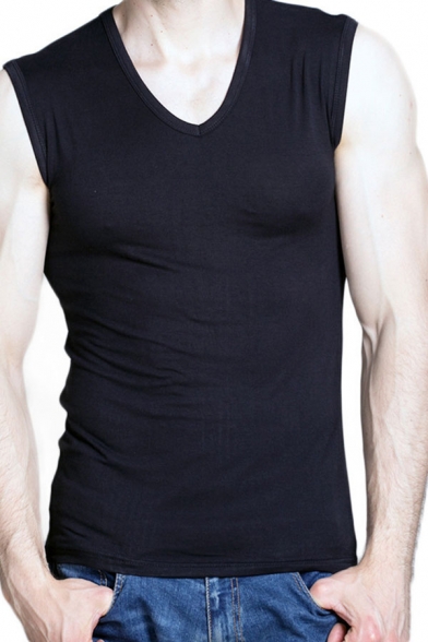 Chic Tank Top Solid Color V Neck Sleeveless Slim Fitted Stretch Tank Top for Men