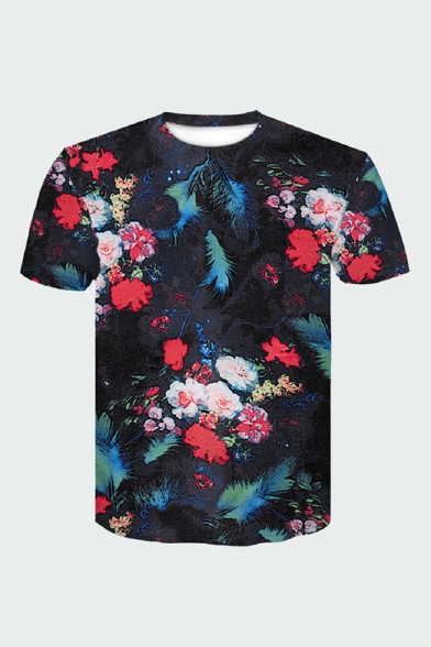 Cool Mens 3D Tee Top Color Block Floral Rose Feather Pattern Short Sleeve Crew Neck Regular Fitted Top Tee
