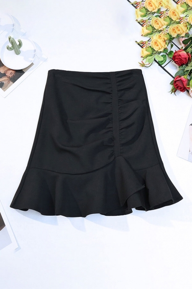 Creative Womens Skirt Plain Pleated Asymmetric Ruffle Hem Short High Rise Trumpet Skirt