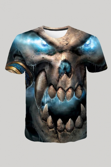 Dressy Mens T-Shirt 3D Skull Pattern Short Sleeve Round Neck Regular Fitted T-Shirt