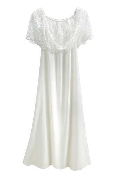 Elegant White Sheer Lace Panel Short Sleeve Off the Shoulder Maxi A-line Evening Dress for Women