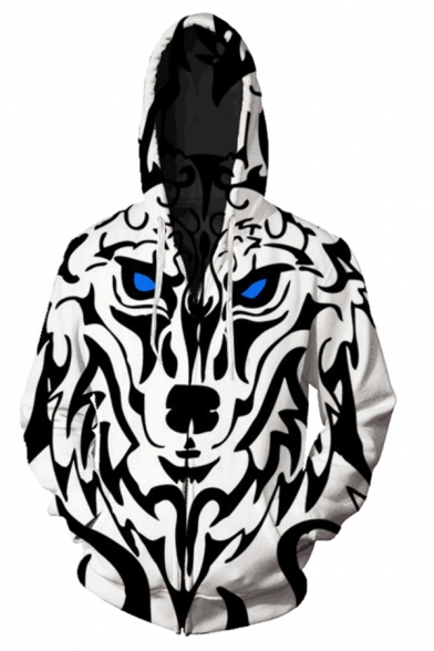 Fashion 3D Hoodie Cartoon Animal Wolf Pattern Zipper Drawstring Pocket Regular Fit Long-sleeved Hooded Sweatshirt for Men