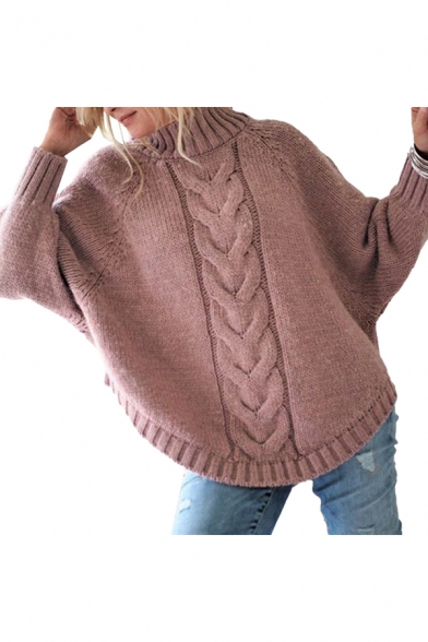 Fashion Solid Color Curved Hem Turtleneck Batwing Long Sleeve Oversized Cable Knit Pullover Sweater Top for Women