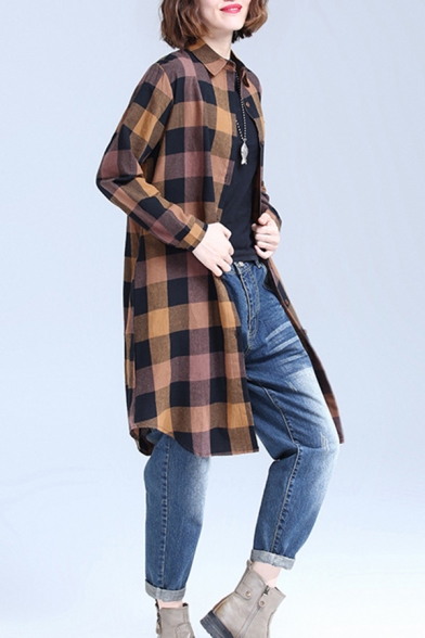 Fashion Womens Checkered Printed Long Sleeve Spread Collar Chest Pocket Button Up Long Loose Shirt Top