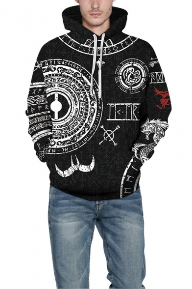 Fashionable 3D Viking Myth Digital Printed Drawstring Big Pocket Long Sleeve Loose Fit Hooded Sweatshirt