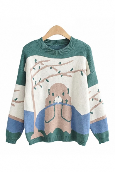 

Green Lovely Cartoon Groundhog Plant Printed Color Block Crew Neck Long Sleeve Relaxed Fit Knitwear Pullover Sweater for Ladies, LM691896