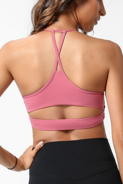 Ladies Solid Color Halter Hollow Out Back Slim Fitted Crop Yoga Cami Top