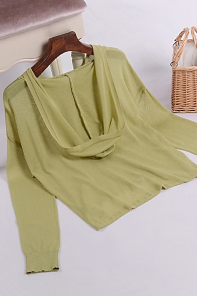 Ladies Trendy Plain Knitted Sheer Zipper Up Drawstring Hem Long Sleeve Hooded Sweater Top